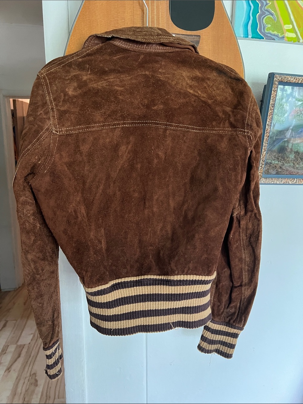 Brown Reversible Leather Suede Bomber Jacket Striped Knit Trim Woman Size Small - Picture 7 of 12